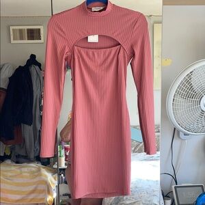 FLOUNCE Club Long Sleeve Ribbed Dress in Rose